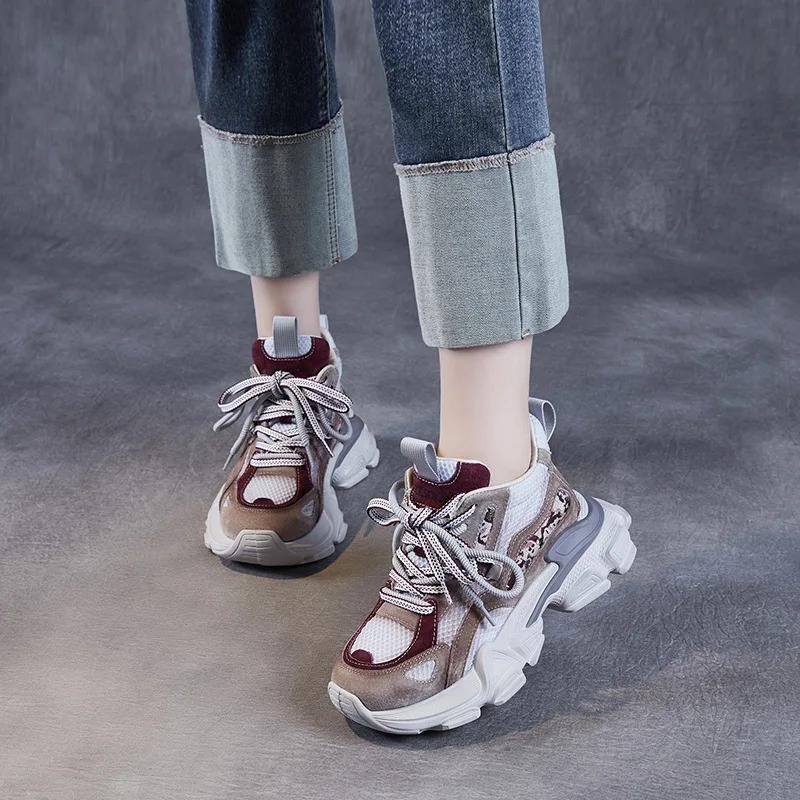 Fashion 6CM Platform Spring Autumn Hollow Women Comfy Shoes Air Mesh Genuine Leather Chunky Sneaker Sandals Vulcanize Breathable Loafer