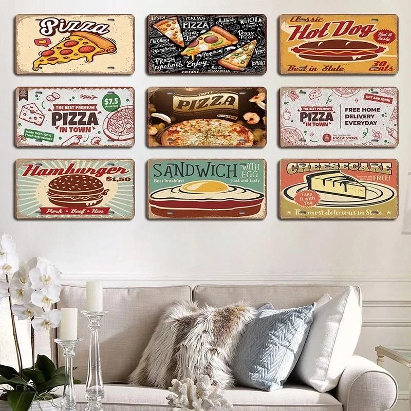 Vintage Delicious Foods Plate Metal Aluminum Sign Pizza Hot Roll Sandwich Donuts Metal Poster Home Cafe Restaurant Wall Decor