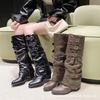 Heel Pants Boots Western Cowboy Boots Women's 2025 Fall Vintage Maillard Tall Belt Buckle Pointed Knight Boots