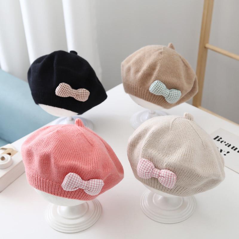 Fashion Baby Hat Solid Color Flower Girls Warm Beret Vintage Knitted Beret Hat Kids Autumn Winter Children Artist Painter Cap