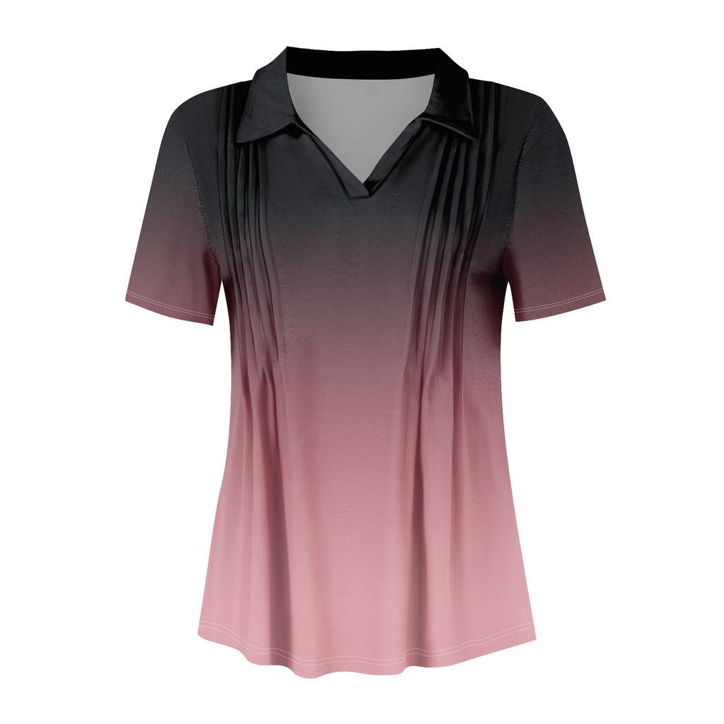 Женские футболки с коротким рукавом, плиссированные, с V-образным вырезом, с принтом, с воротником, летние топы, модные, деловые, повседневные, рабочие