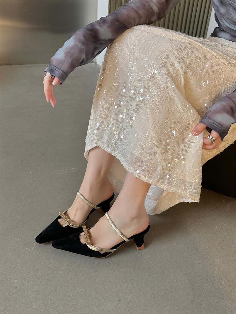 Мода Модные женские босоножки с острым носком Летние черные фиолетовые бежевые неглубокие туфли без застежек Женские туфли-лодочки Размер 35-39 Вечерние туфли-лодочки Сандалии 39