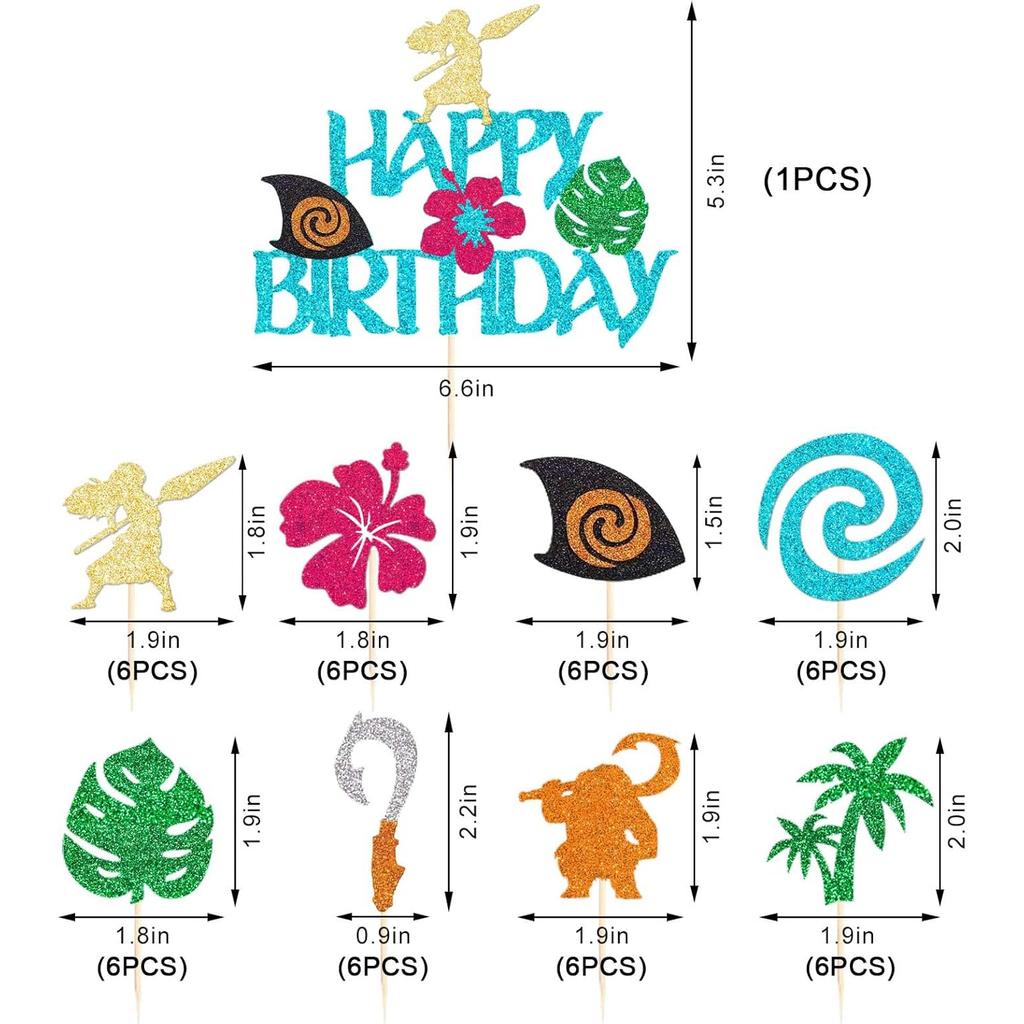 Моана Вдохновленный День Рождения Топпер для Кекса Пики для Кексов Моана Украшение для Вечеринки в честь Дня Рождения для Тропической Летней Вечеринки Детского Праздника Свадьбы