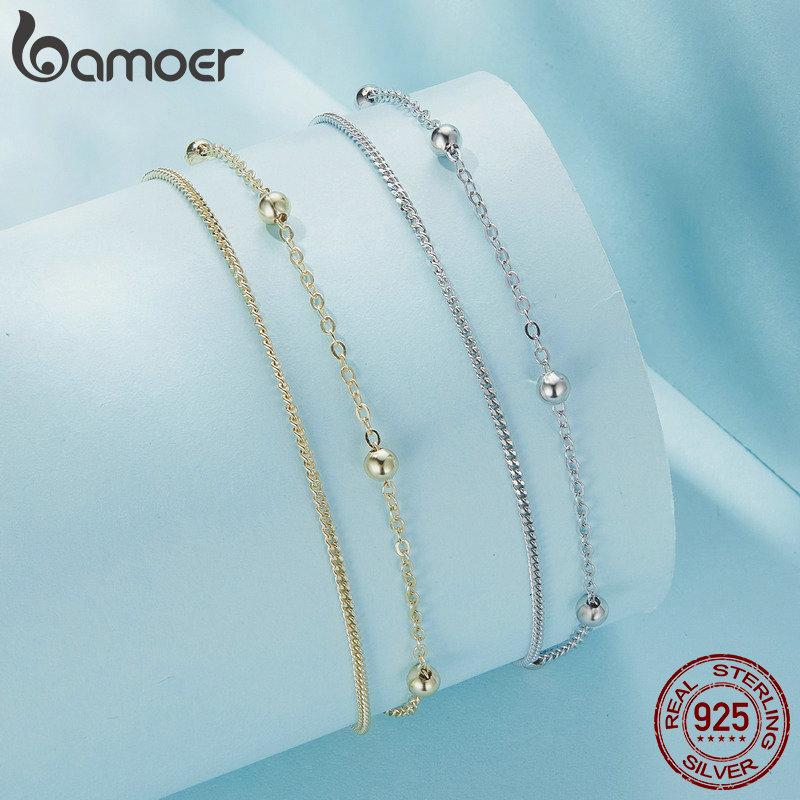 BAMOER Серебряный Браслет-цепочка 925 пробы Двухслойный Круглые бусины Звеньевая цепочка Браслеты Женские 7,48'' Регулируемый Позолоченный 14K Ювелирные изделия