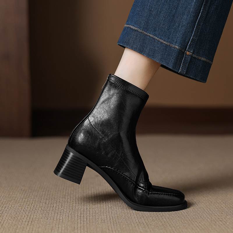 Krazing Pot Микрофибра Квадратный Носок Толстый Каблук Ботильоны Челси Размер 42 Молния Женские Плиссированная Отделка Эластичные Ботильоны
