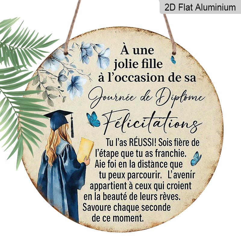 2D Flat - A Vintage Decorative Plaque Measuring 7.87X7.87 Inches, Featuring a Round French Aluminum Sign with a "Congratulations on Your Graduation