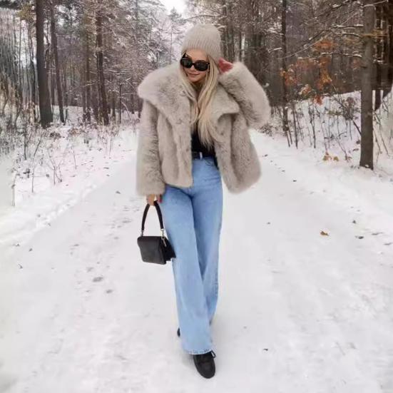 Женское пушистое пальто из искусственного меха, повседневная пушистая куртка с длинным рукавом и лацканами, зимняя меховая куртка с открытой передней частью, короткое пальто