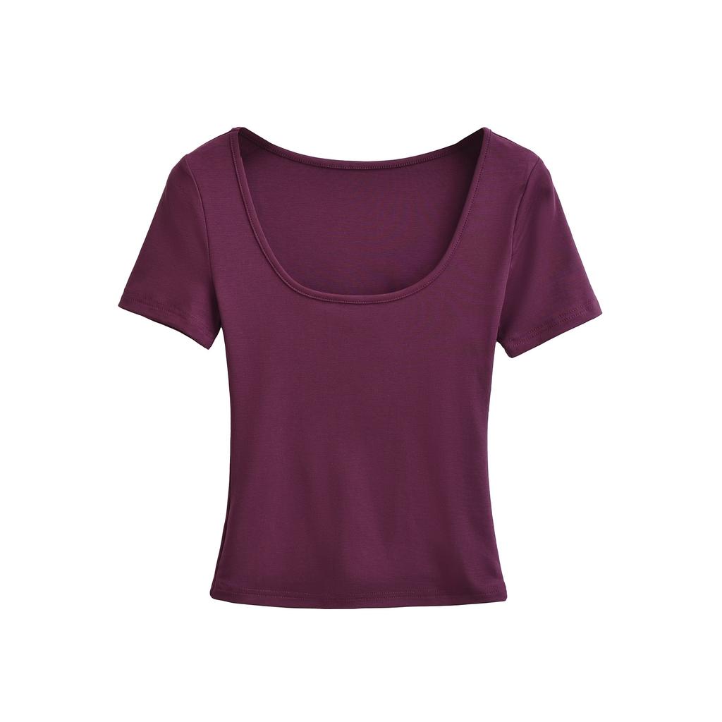 U-neck short-sleeved T-shirt women's summer new American Spice Girl style solid color slim-fitting and thin bottoming top