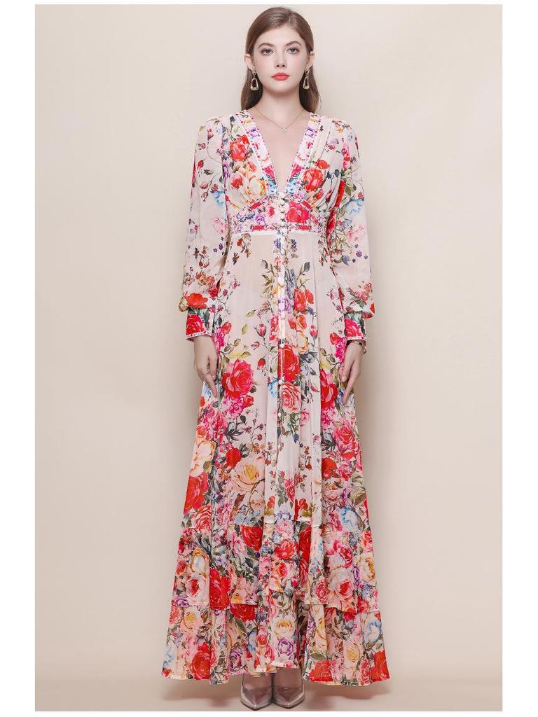 Women's Retro Court Style V-neck Dress with Lace-up Waist, Lantern Sleeves, Floral Print, and Large Hem - 2026 Collection