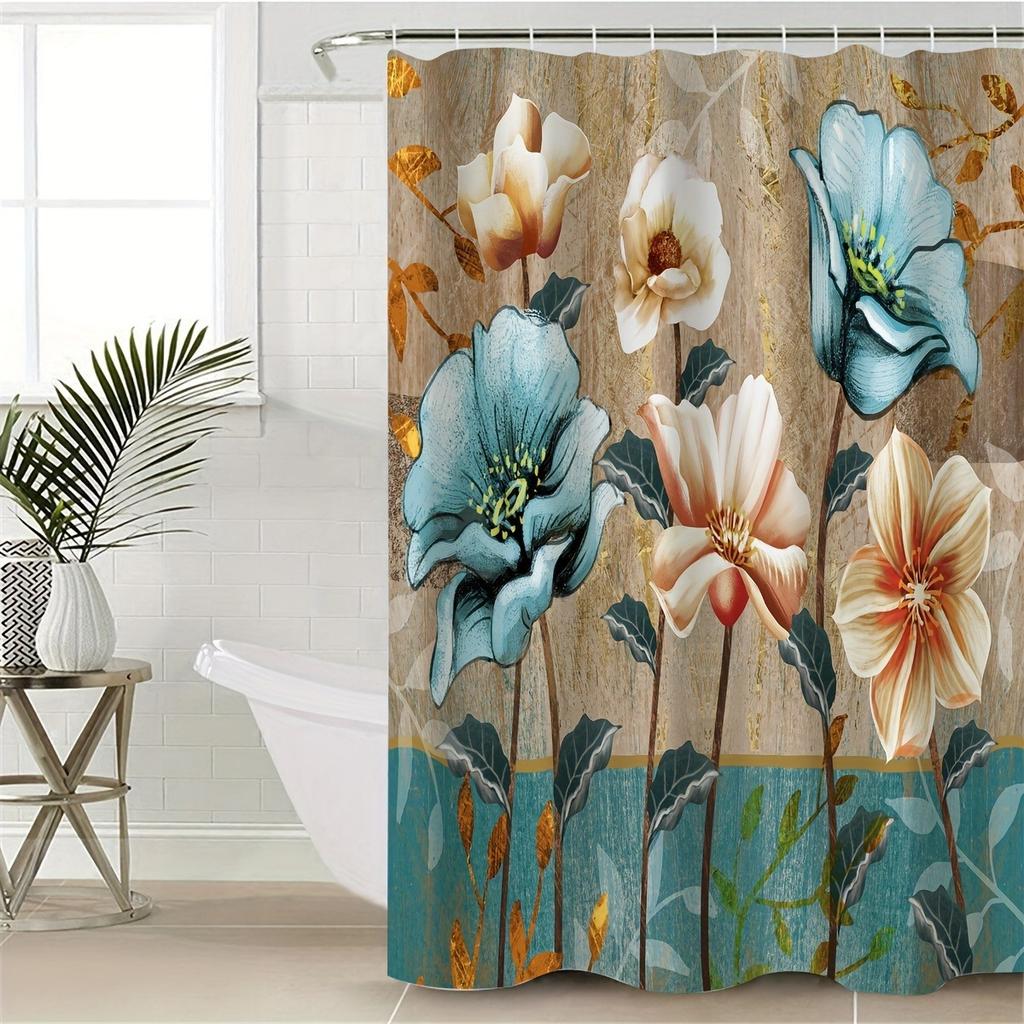 Узор «Цветущие цветы» Моющаяся Грязеотталкивающая Шторка для душа Лейка Водонепроницаемая Полиэстеровая Занавеска для ванны Для домашнего декора