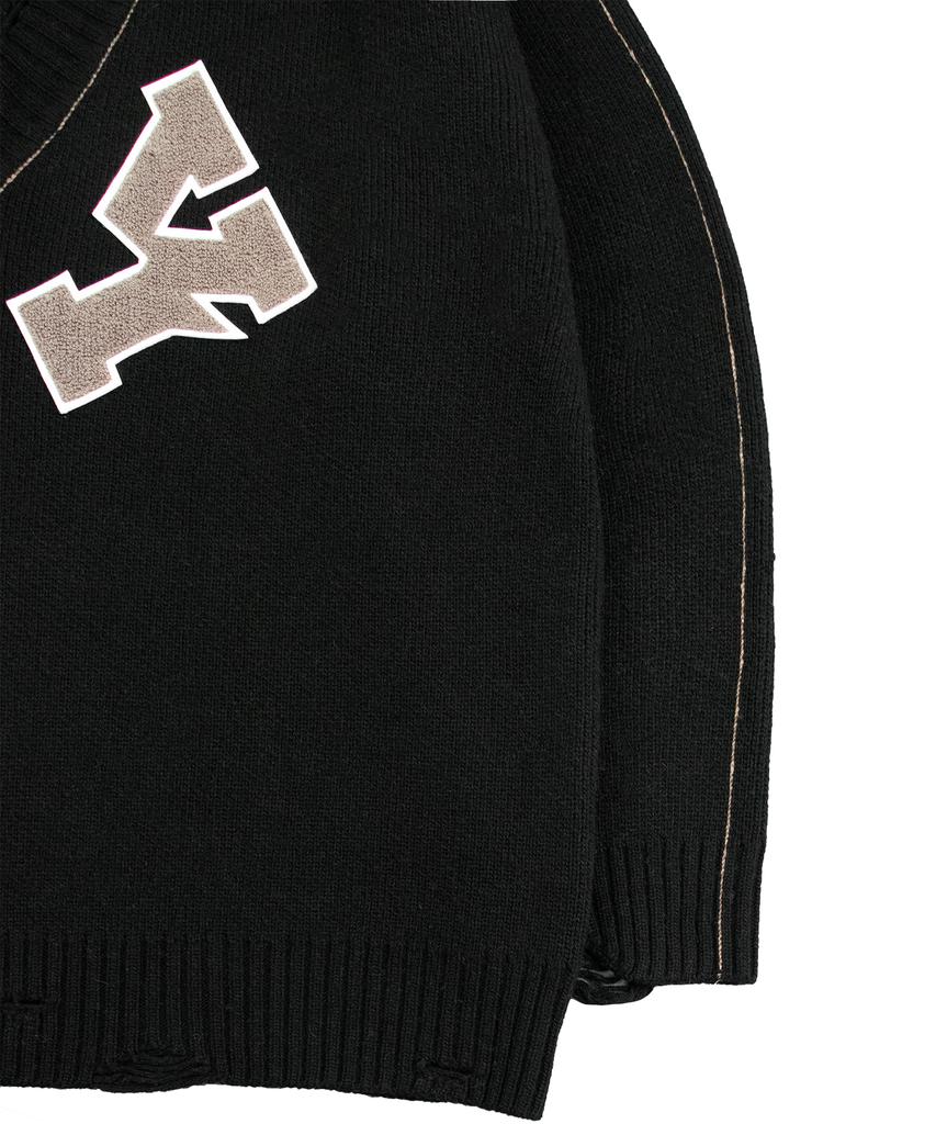 OHY Oversized Distressed Logo V-Neck Knit - Black
