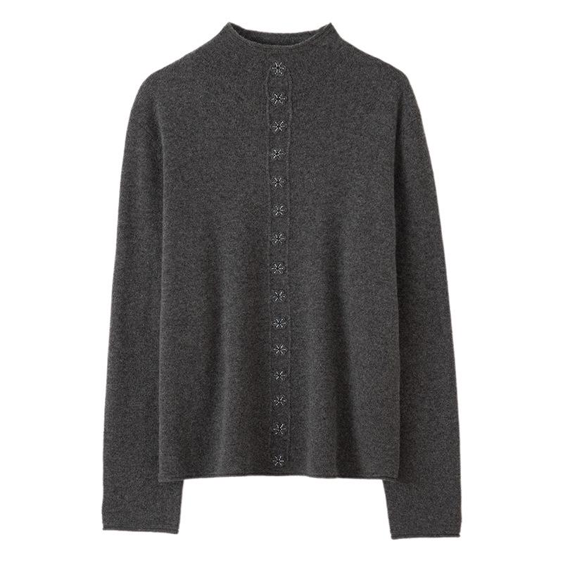 Lekasha Pure Cashmere Hand-Beaded Half-High Collar Cardigan Coat for Women