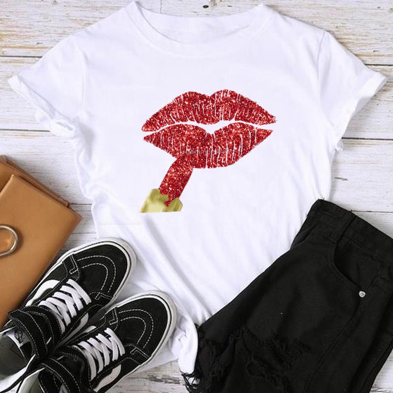 (Asian Size) Fashion Lip Watercolor Style 90s Trend Sweet Print Graphic Tee Female Casual T Clothing Casual Women's Top Short Sleeve T-shirt