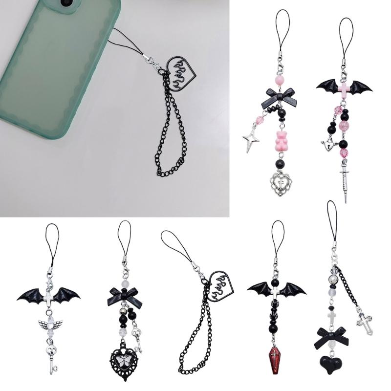 Bow-Love Keychain Crystal Y2k Beaded Phone Lanyard Strap Guitar Charm Cross-Pendant Phone Chain Anti-Lost for Women Girl