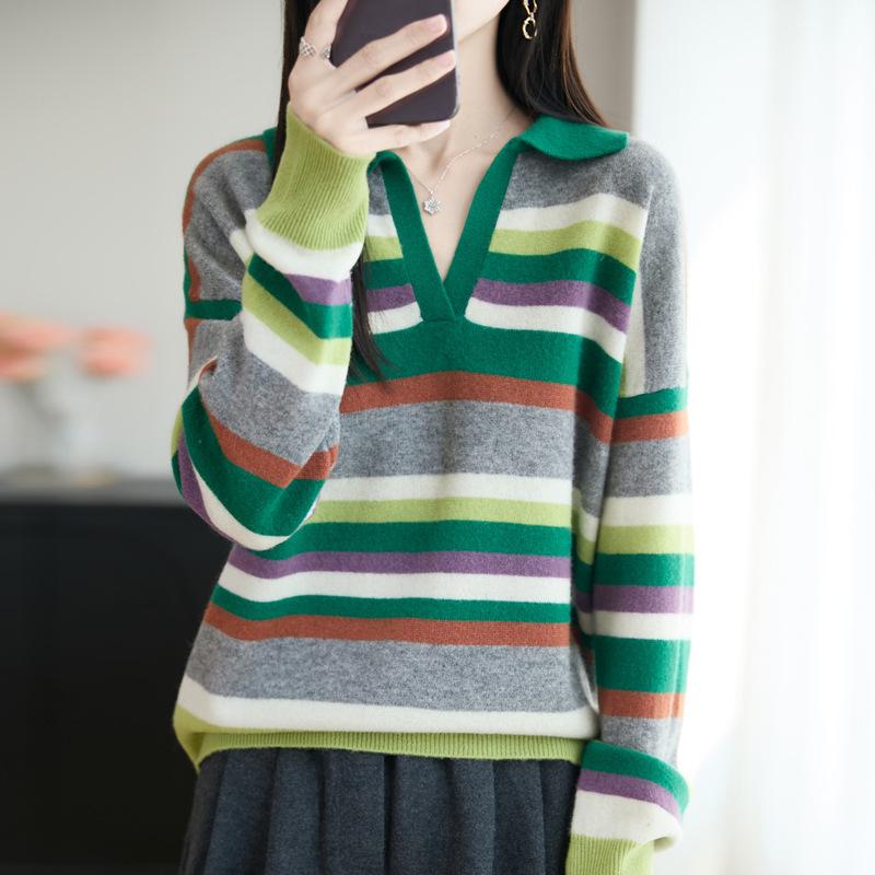 Women's Retro Striped Cashmere Wool Polo Sweater - Soft Long Sleeve Knitwear