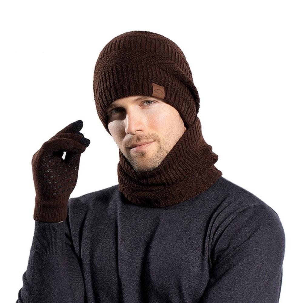 3pcs Wool Hat Scarf Gloves Set Warm Winter Beanie Hat Simple Thermal Knit Cap Skiing