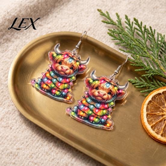 Festive Party Ear Hooks 1 Pair Acrylic Highland Cow Christmas Earrings for Women, Cute Scottish Cattle Lightweight Ornaments Dangle Drop Earrings,