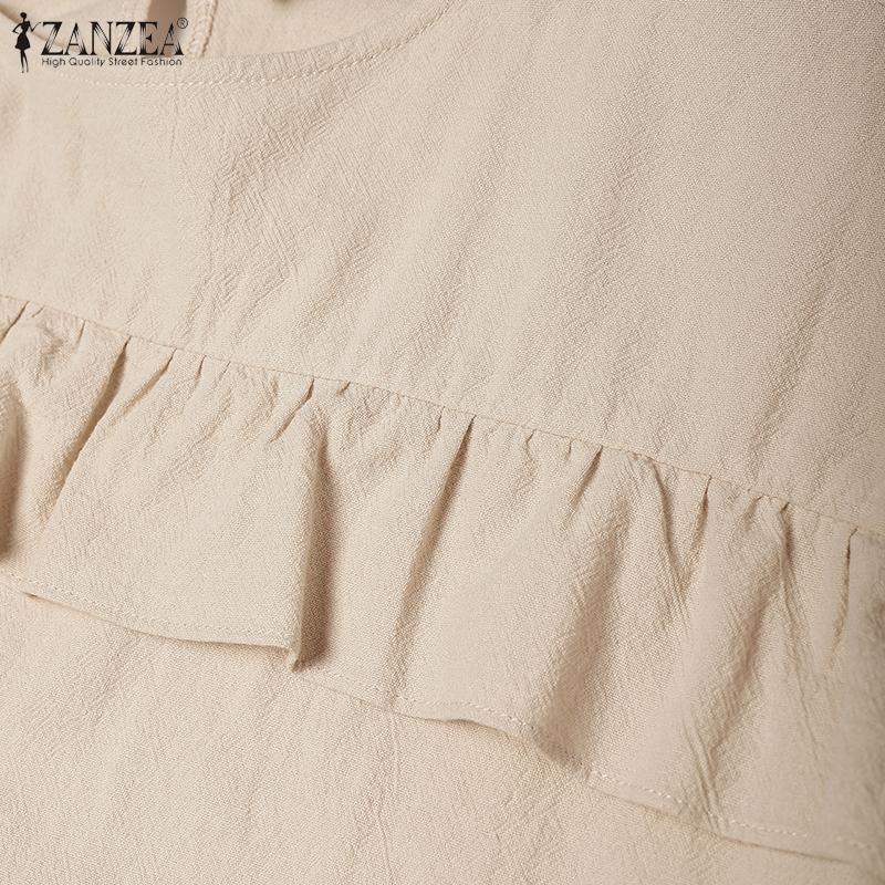 ZANZEA Женская повседневная однотонная свободная блузка с круглым вырезом и длинным рукавом