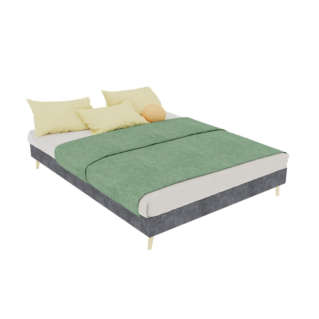 Modern Minimalist Bed Frame, 140x200 cm, Grey, Dutch Velvet Fabric, Low-Profile Base, Bedroom Furniture. Excludes Gas Lift, Headboard, and Mattress.