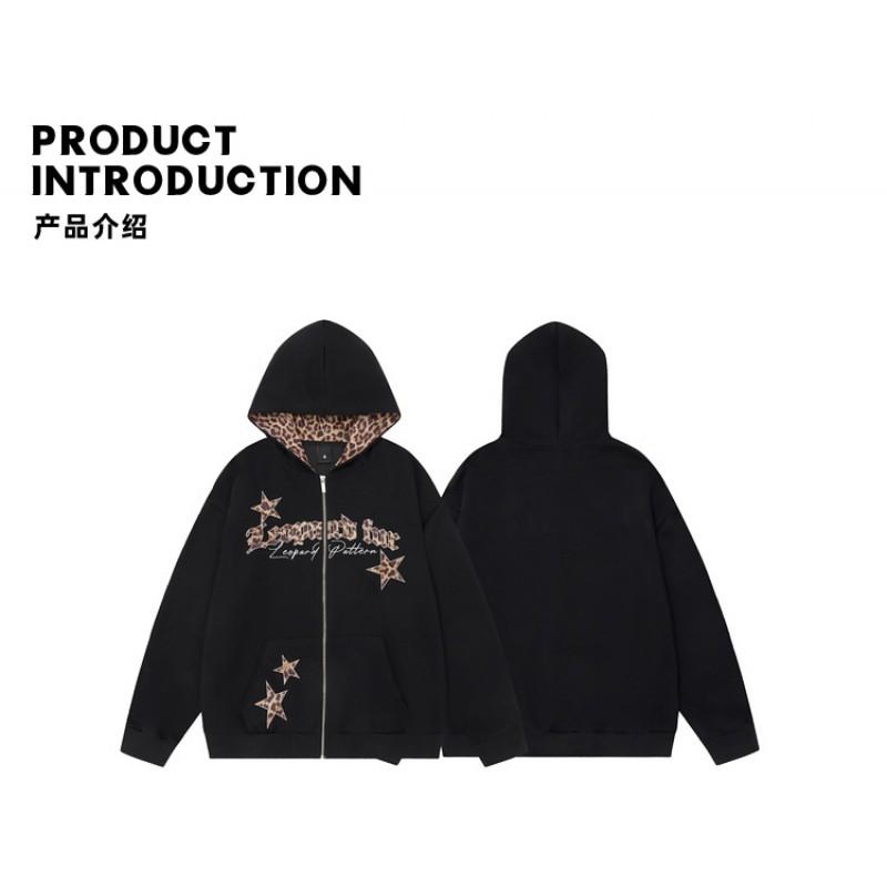 Unisex Oversized Hooded Zip-Up Sweatshirt With Leopard Print Star Design Casual Streetwear