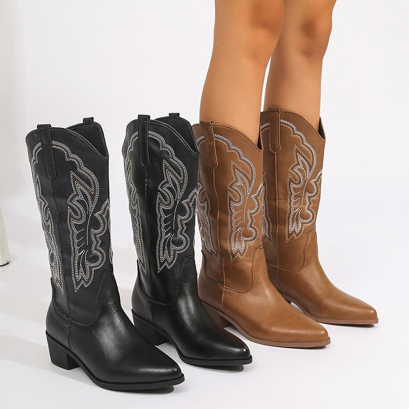 Большие размеры Винтажные коричневые ковбойские сапоги женские на толстом каблуке без застежек до середины голени женские остроносые ковбойские сапоги с вышивкой