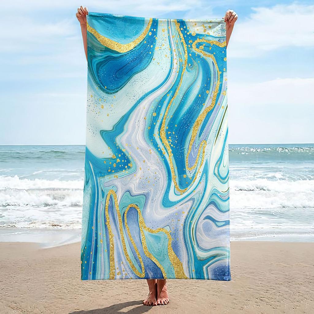 Modern Blue Gold Swirl Beach Towel Quick Dry Absorbent Microfiber Towel For Adults Kids Swimming Holiday