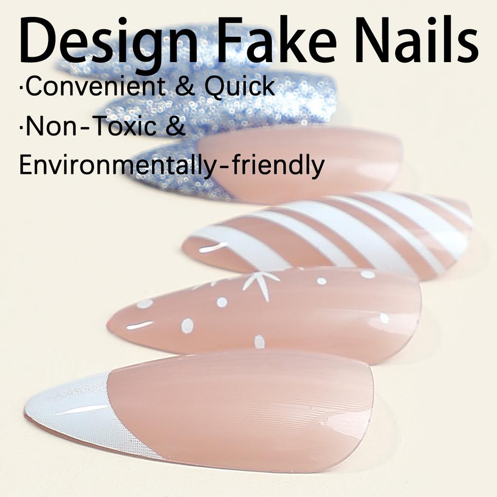 24Pcs Christmas Press On Nails Blue White Snowflake French Tip Glitter Almond Shape Glossy Fake Nails For Party