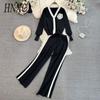 Fashion Set: Long-sleeved, Contrasting Color, V-neck Knitted Cardigan, Two-piece Set, High-waisted, Straight-leg, Wide-leg Pants