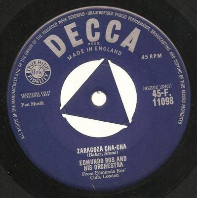 7-дюймовая пластинка EDMUNDO ROS & HIS ORCHESTRA - Zaragoza Cha-Cha 45F11098 Decca 1959 UK Jazz Б/у