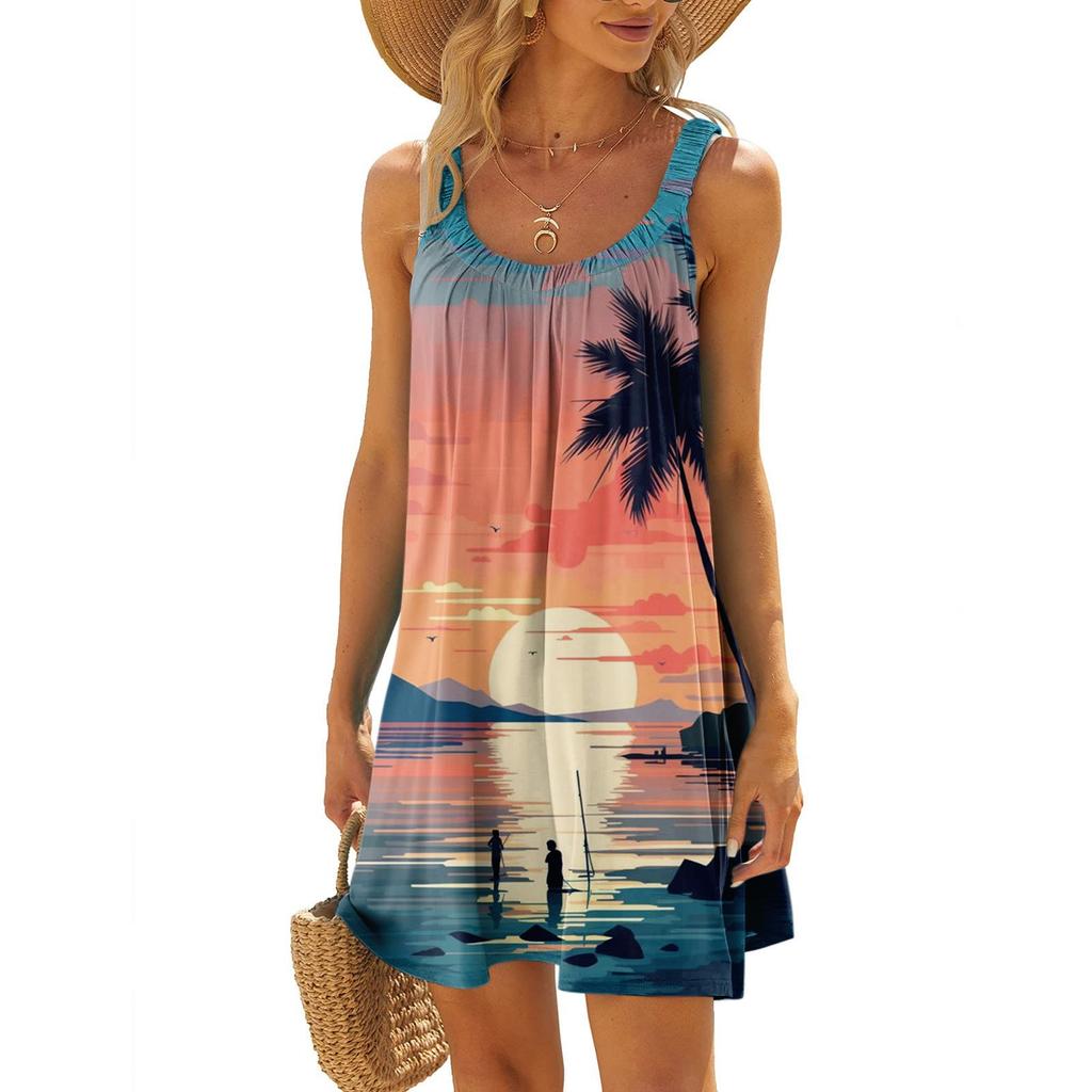 Женское модное летнее пляжное повседневное милое платье на бретельках без рукавов с принтом