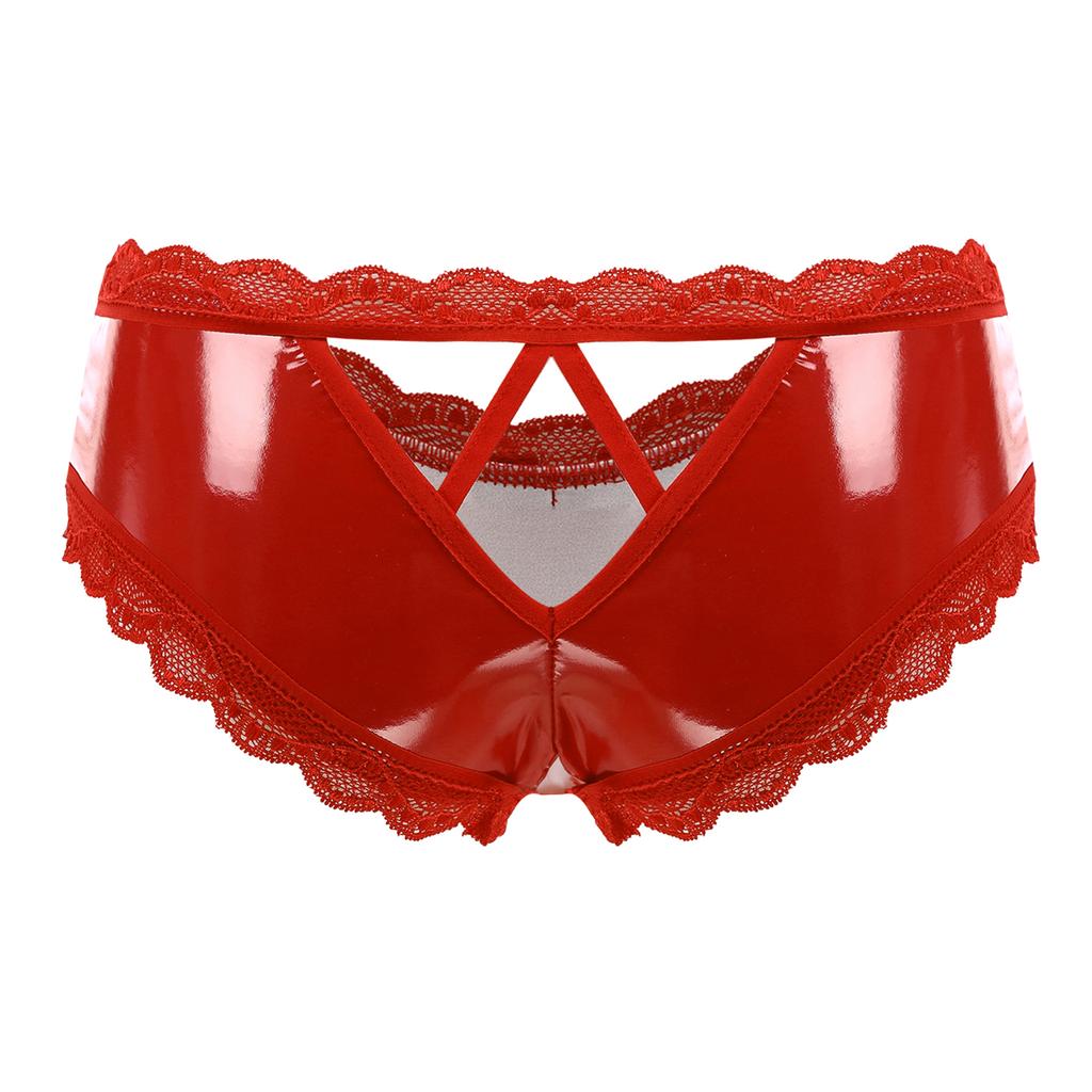 Сексуальные трусики для женщин Femme Lingerie Wetlook Lacated Leather Lace Open Crotch Hole V-Back Mini Briefs Ladies Underwear