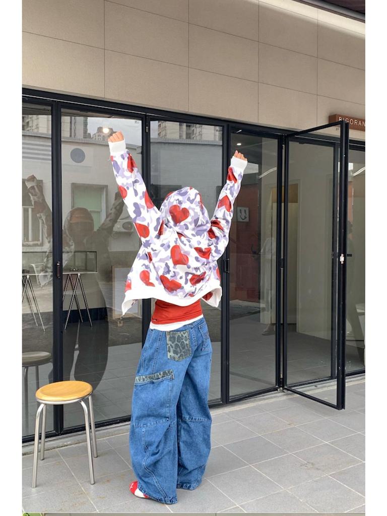 American Retro Leopard Print Patchwork Scimitar Jeans for Men - 2024 Autumn Loose Slimming Wide-Leg Pants