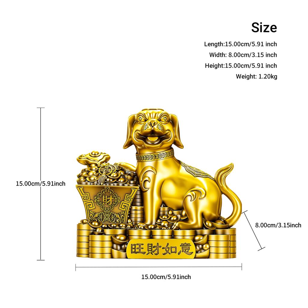 Brass Dog with Ruyi Scepter Figurine Wealth Success Symbol Ornament for Home Office Desk Shelf Decor