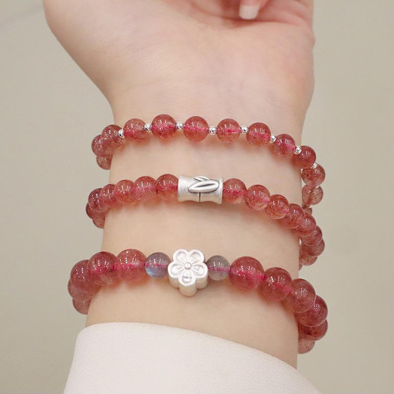 S925 Sterling Silver Natural Strawberry Crystal Bracelet Bracelet Bangles Women Fashion Jewelry Accessories Gift