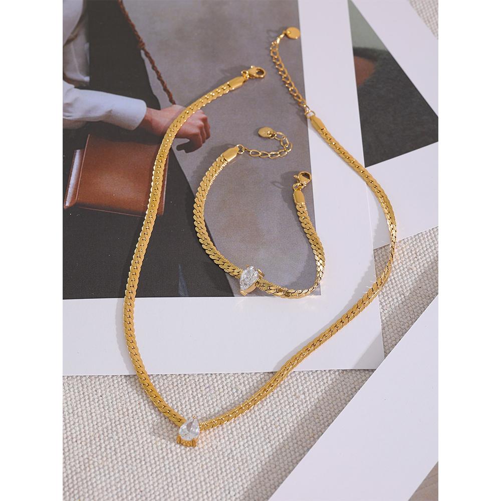 Yhpup Fashion 18K Gold Plated Bling Cubic Zirconia Stainless Steel Necklace Bracelet Jewelry Set Chain Texture Collar Waterproof