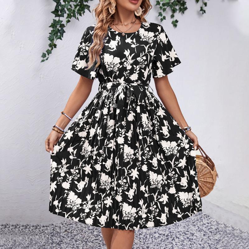 Summer Women's Dress Floral Pattern Printed Short Sleeve Dresses