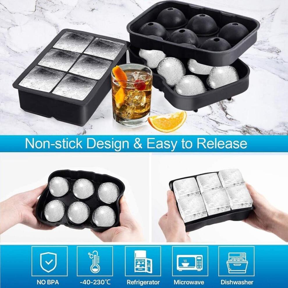 Ice Cube Mold, Silicone Ball Ice Cube Tray With Lid And Large Square Ice Cube Mold, Reusable