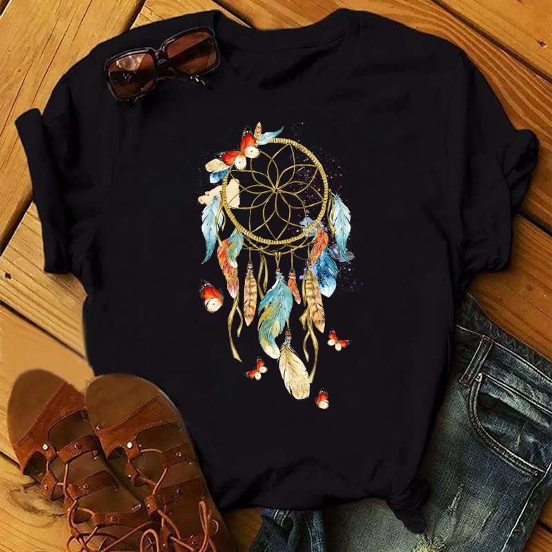 Fashion Feather Dreamcatcher T Shirt Women Harajuku Graphic Tees Shirt Femme Dream Catcher Women's T-shirt Clothes Tops