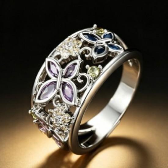 Silver multi-layered iridescent butterfly ring Vintage forest-themed purple, blue, and yellow cubic zirconia wrap ring