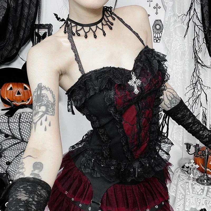 AltGoth Gothic Hotsweet Camisole Женская винтажная эстетика Y2k E-girl Hipster Кружевная Лоскутная Холтер Укороченная майка Косплей Одежда