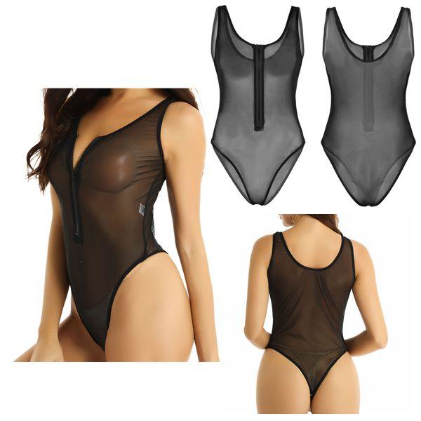 Women's Mesh Sheer See Through Zipper High Cut Thong Teddy Leotard Bodysuit Swimsuit