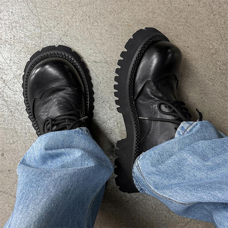 2024 Мужские туфли дерби из натуральной кожи с круглым носком - британский стиль, толстая подошва, черные ботинки