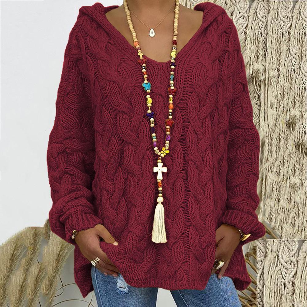 Women's Autumn and Winter Knitted Thickened Twist V-Neck Hooded Loose Sweater