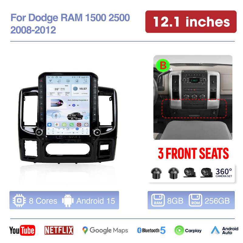 14,5 и 12,1 дюйма Для Dodge RAM 1500 2500 2008-2012 Автомобильная радиостанция Мультимедиа GPS-навигация Android 15 Авто Автомобильный Carplay 360-градусная камера 4G