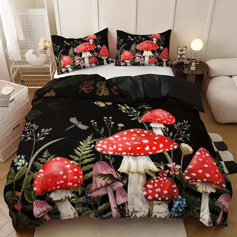 Mushroom Pattern Duvet Set 3D Digital Printing Set Wild Plant Bedding Set