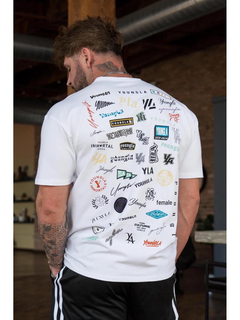 Мужская футболка свободного кроя YOUNG LA из хлопка — летний принт на всю спину, короткие рукава, круглый вырез, повседневный спортивный топ для фитнеса