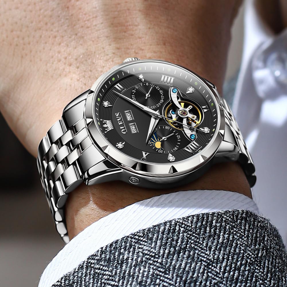 OLEVS механические автоматические часы с фазами Луны стильные скелетонированные водонепроницаемые популярные светящиеся часы для мужчин черные белые мужские и