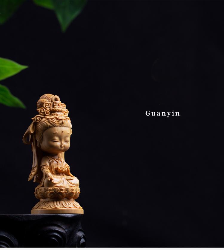 Woodcarving Cartoon Guanyin Statue Hand Carving Solid Wood Buddhist Feng Shui Guanyin Home Room Office Decoration Statue