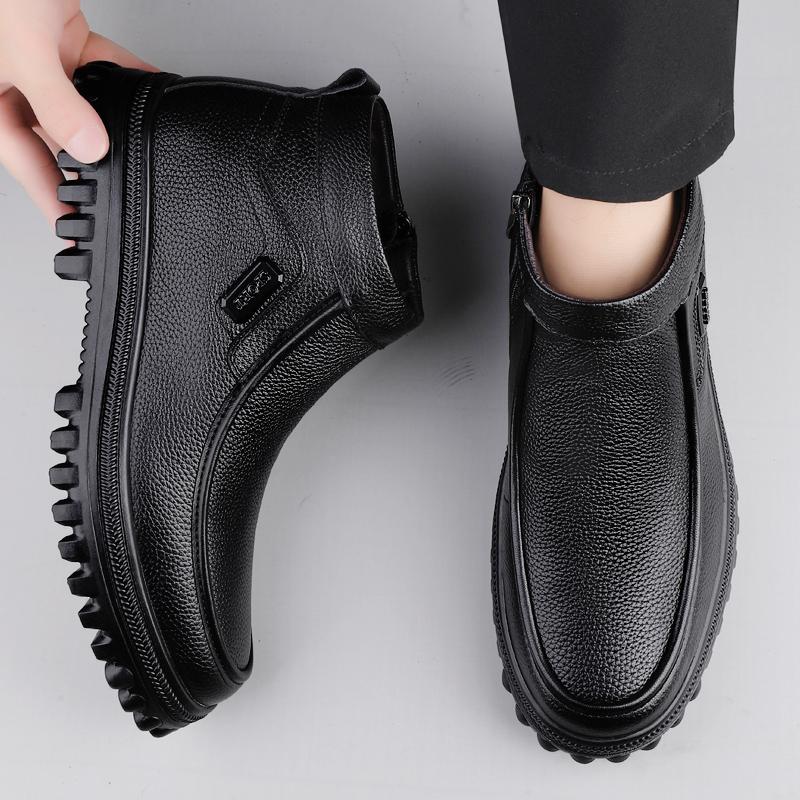 Ботильоны мужские из натуральной кожи с боковой молнией, повседневная обувь для мужчин, высококачественные деловые низкие туфли, мужские зимние плюшевые ботинки для снега