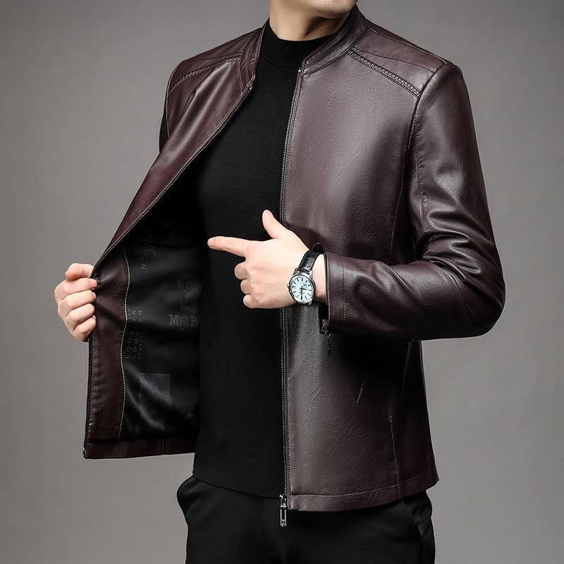 Бархатная кожаная куртка с воротником-стойкой, мужская простая деловая повседневная кожаная куртка, мужская осенне-зимняя новая кожаная куртка
